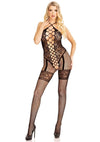Leg Avenue Heart Net Halter Bodystocking with Faux Lace Up Front and Leg Garter Detail - PATS Inc.