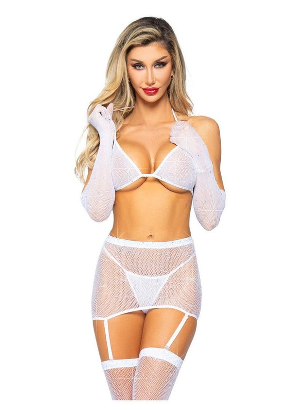 Leg Avenue Rhinestone Fishnet Garter Skirt Set with Bikini Top, G-String, Gloves, and Matching Stockings - PATS Inc.