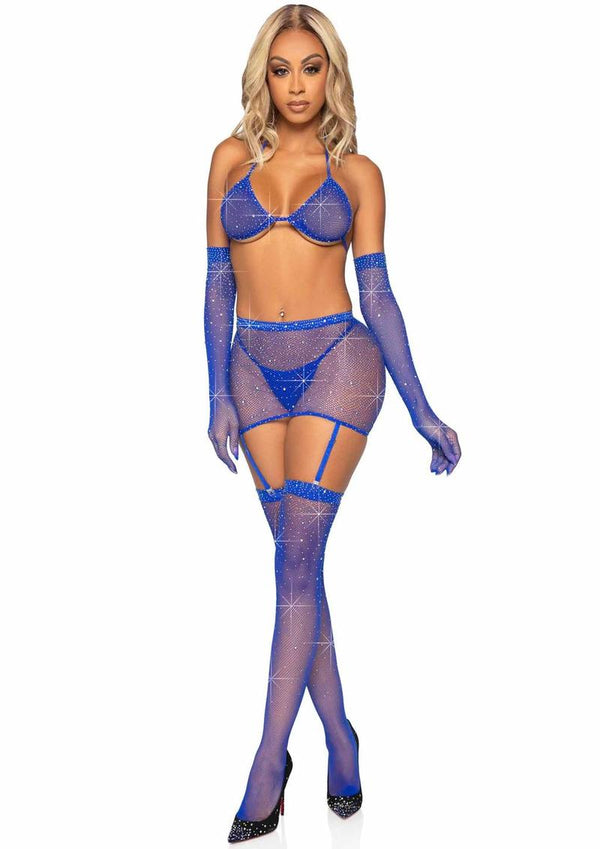 Leg Avenue Rhinestone Fishnet Garter Skirt Set with Bikini Top, G-String, Gloves and Matching Stockings - PATS Inc.