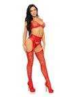 Leg Avenue Rhinestone Lace Bra Top, G-String, and Fishnet Garter Belt Stocking - PATS Inc.