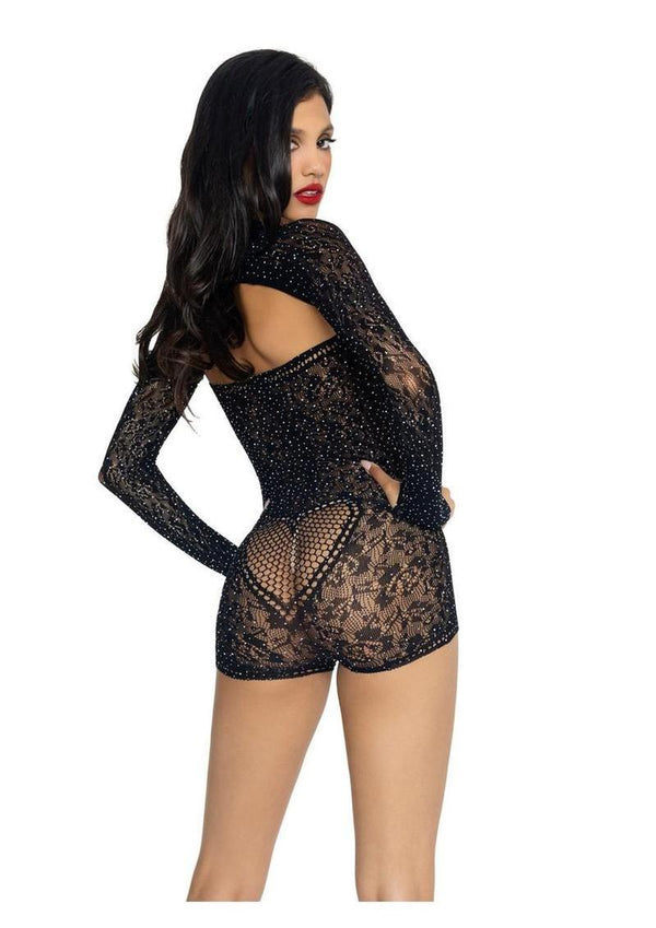 Leg Avenue Rhinestone Lace Strapless Sweetheart Romper and Matching Shrug - Black - One Size - 2 Piece