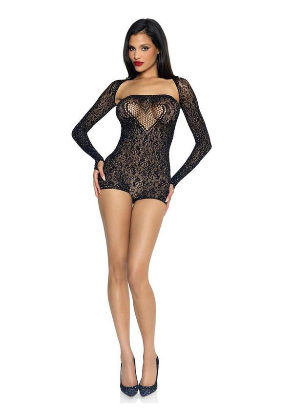 Leg Avenue Rhinestone Lace Strapless Sweetheart Romper and Matching Shrug