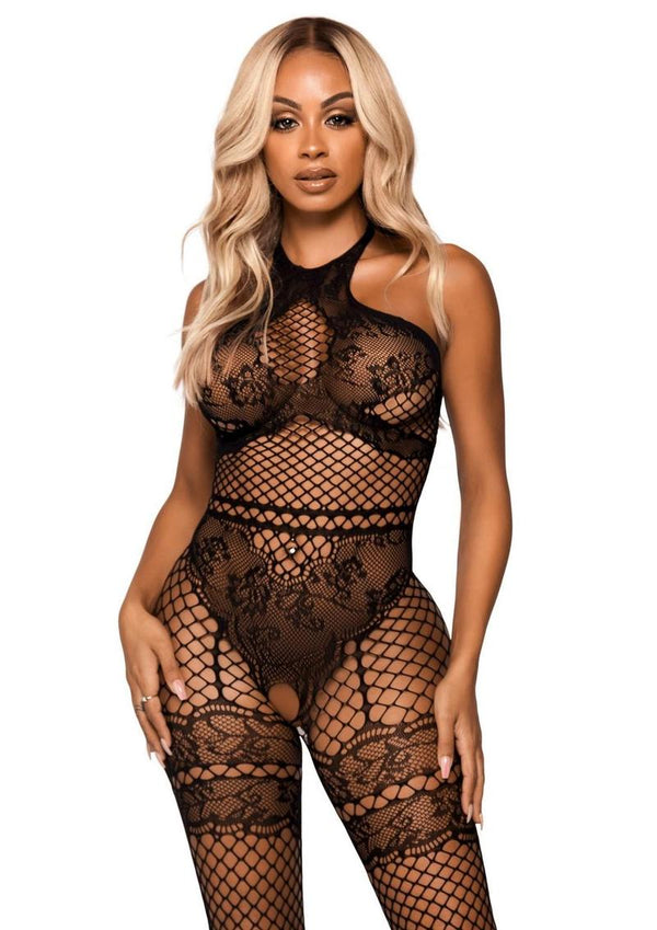 Leg Avenue Seamless Industrial Net Halter Bodystocking with Faux Lace Lingerie Detail - PATS Inc.