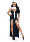 Leg Avenue Sultry Sinner Dual Slit Garter Dress with Vinyl Cross Detail, Vinyl Collar, and Nun Habit