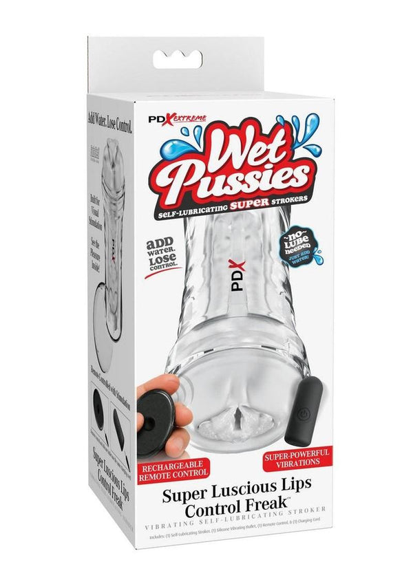 Pdx Extreme Wet Pussies Super Luscious Lips Control Freak Self Lubricating Vibrating Stroker with Remote - Pussy - Clear/Frost
