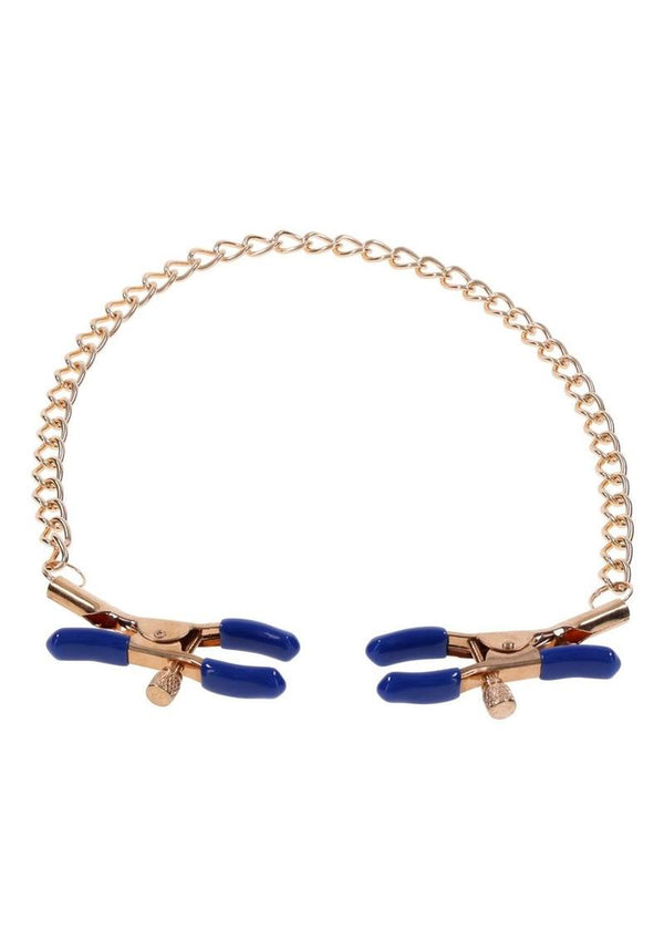 Sex and Mischief Cougar Chained Nipple Clamps - Blue/Gold/Navy
