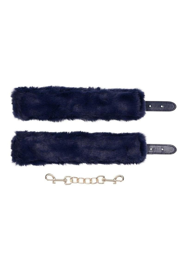 Sex and Mischief Cougar Fur Handcuffs - Blue/Gold/Navy