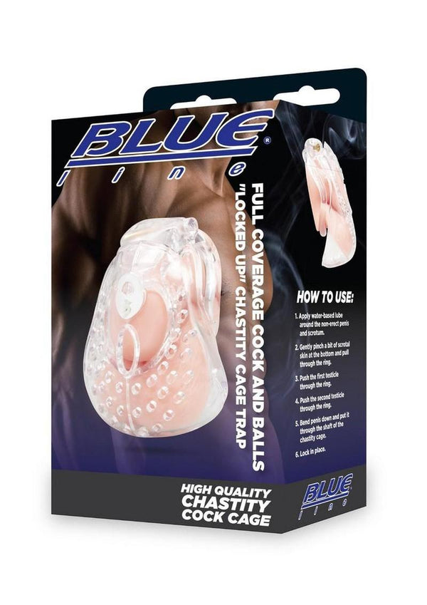 Blueline Full Coverage Cock and Balls Locked Up Chastity Cage Trap - Clear