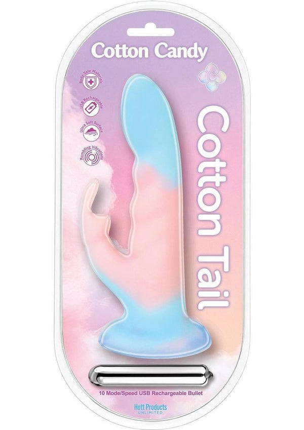 Cotton Candy Cotton Tail Liquid Silicone Rechargeable Vibrating Rabbit Dildo with Suction Cup - Multicolor - 8in