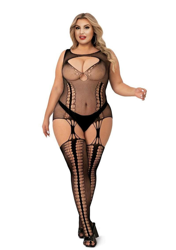 Lapdance Lingerie Keyhole Suspender Hose Bodystocking - Queen Size - Black