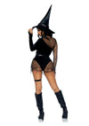 Leg Avenue Crafty Witch Snap Crotch Velvet Bodysuit with Distressed Net and Attached Garter, Choker Body Harness, and Matching Velvet Witch Hat - Black - Medium - 3 Piece