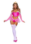 Leg Avenue Dreamy Princess Velvet Boned Crop Top with Jewel Accent, Garter Panty with Peplum Skirt, Removable Clear Straps, and Crown Headband - Pink - XSmall - 4 Piece