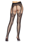 Leg Avenue Faux Garter Belt Fishnet Tights with Lace-Up Backseam - Black - One Size