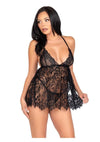 Leg Avenue Floral Lace Babydoll with Eyelash Lace Scalloped Hem Adjustable Cross-Over Straps and G-String Panty - Black - Medium