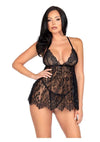 Leg Avenue Floral Lace Babydoll with Eyelash Lace Scalloped Hem Adjustable Cross-Over Straps and G-String Panty - Black - Small