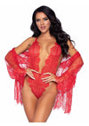 Leg Avenue Floral Lace Teddy with Adjustable Straps and Cheeky Thong Back Matching Lace Robe with Scalloped Trim and Satin Tie - Red - Large