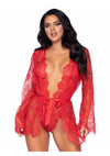 Leg Avenue Floral Lace Teddy with Adjustable Straps and Cheeky Thong Back Matching Lace Robe with Scalloped Trim and Satin Tie