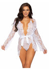 Leg Avenue Floral Lace Teddy with Adjustable Straps and Cheeky Thong Back Matching Lace Robe with Scalloped Trim and Satin Tie - White - Large