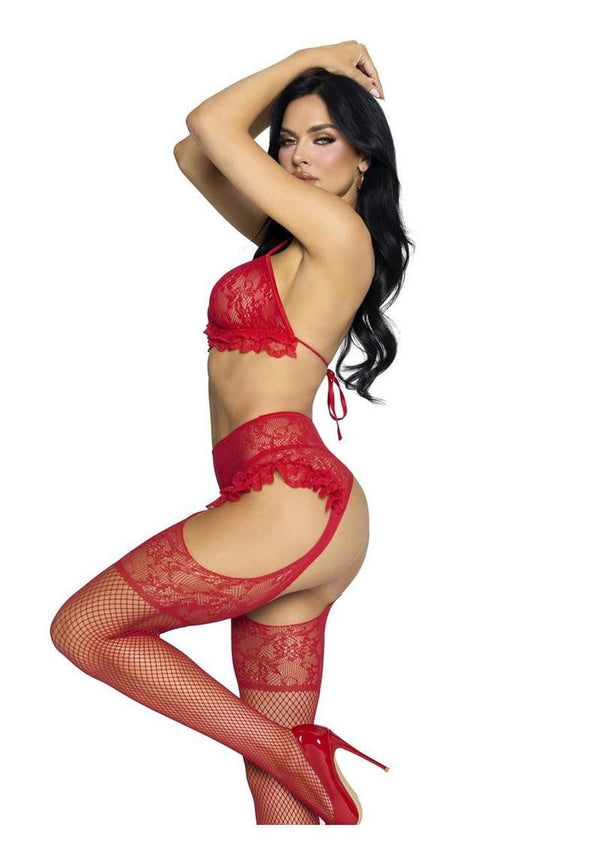 Leg Avenue Lace Ruffle Bra Top, G-String Panty, and Matching Garter Belt Stockings