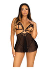 Leg Avenue Open Cup Eyelash Lace and Mesh Babydoll with Heart Ring Accent and Matching Panty