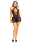 Leg Avenue Plunging Lace Halter Babydoll with Sheer Skirt and Lace G-String - Black - Medium - 2 Piece