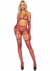 Leg Avenue Rhinestone Fishnet Garter Skirt Set with Bikini Top, G-String, Gloves and Matching Stockings