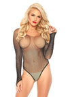 Leg Avenue Rhinestone Long Sleeve Fishnet Bodysuit with Snap Crotch - Black - One Size