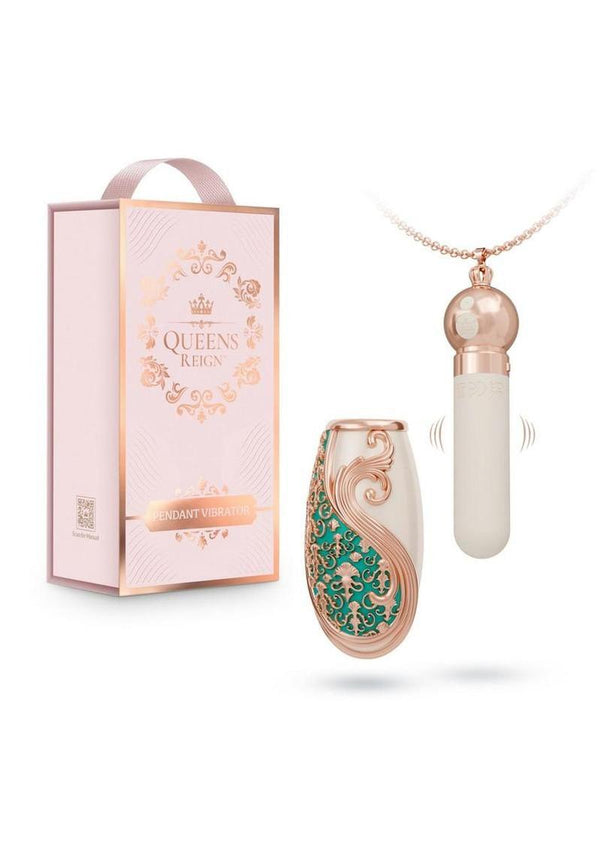 Queens Reign Pendant Vibrator Rechargeable Silicone Bullet - Ivory/Teal