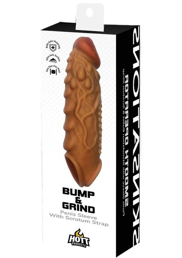 Skinsations Bump and Grind Silicone Penis Sleeve with Scrotum Strap - Caramel