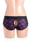 Strap U Lace Envy Lace Crotchless Panty Harness - Black/Purple - Medium/Small