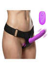 Strap U Thrusting and Vibrating Silicone Rechargeable Strap-On Harness with Remote - Black/Purple