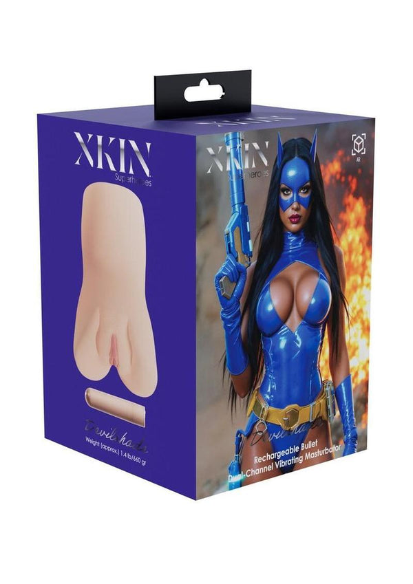 Xkin Devilshade Dual Channel Superhero Masturbator with Vibrating Bullet - Pussy/Ass - Caramel