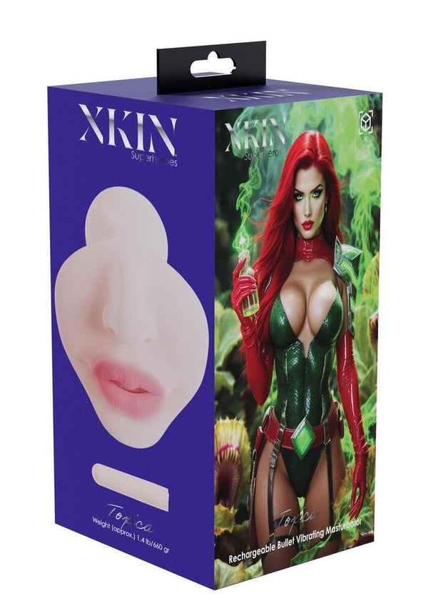 Xkin Serpentia Superhero Masturbator with Rechargeable Vibrating Bullet - Female Mouth - Vanilla